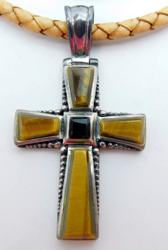 Artisan 925 Tigers Eye & Onyx Cross Pendant Cord Necklace Jesus Ring & Bracelet image number 3