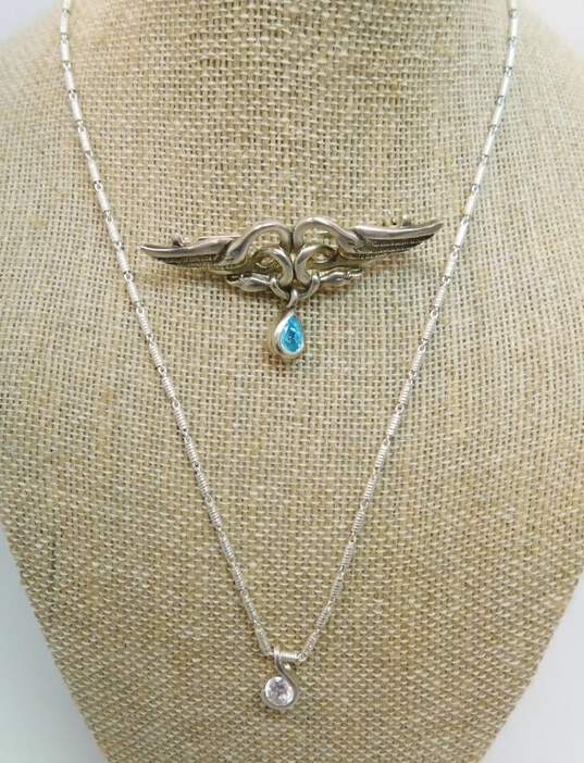 Contemporary 925 Cubic Zirconia Swirl Pendant Bar Chain Necklace & Swans & Blue Glass Teardrop Brooch 21.2g image number 1