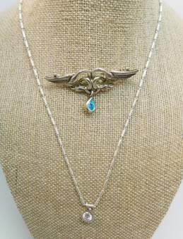 Contemporary 925 Cubic Zirconia Swirl Pendant Bar Chain Necklace & Swans & Blue Glass Teardrop Brooch 21.2g
