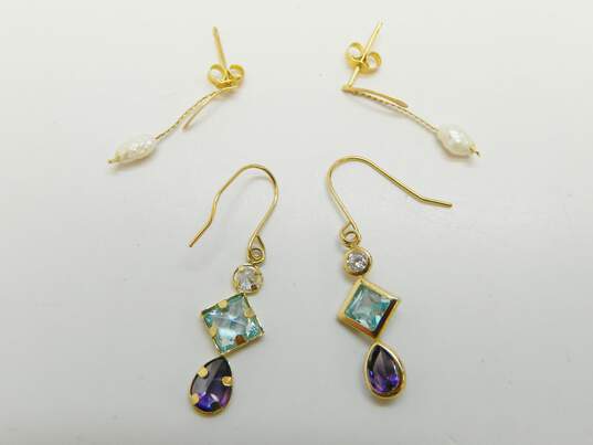 14K Gold Freshwater Pearl Chain Post & Clear Blue & Purple Cubic Zirconia Drop Earrings 1.6g image number 1