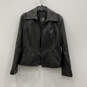 Womens Black Leather Long Sleeve Side Pocket Full-Zip Biker Jacket Size L image number 1