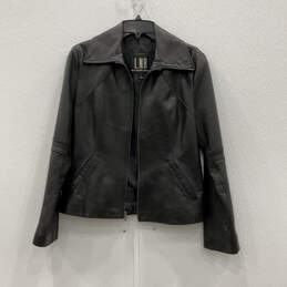 Womens Black Leather Long Sleeve Side Pocket Full-Zip Biker Jacket Size L