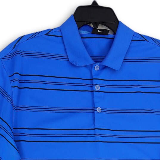 Mens Black Blue Striped Spread Collar Short Sleeve Golf Polo Shirt Size L image number 3