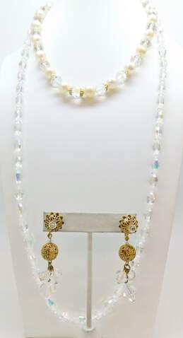 VNTG Icy Aurora Borealis Gold Tone Faux Pearl Costume  Jewelry