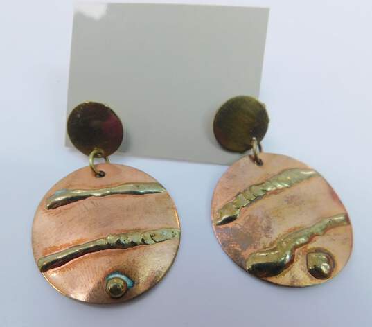 Artisan Brass Copper & Mixed Metals Brutalist Granulated Geometric Paneled Necklace & Circles & Textured Linked Drop Earrings 91.8g image number 4