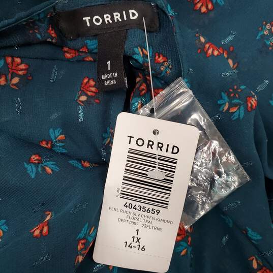 NWT Torrid WM's Chiffon Ruched Sleeve Kimono Floral Teal Maxi Dress Size 1 image number 3
