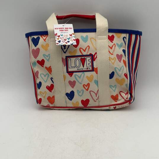 NWT Brighton Womens Blue Red White Canvas Love Heart Double Handle Mini Tote Bag image number 1