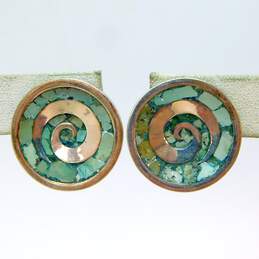 VTG Emma Taxco 925 Crushed Stone Inlay Spiral Screw Earrings & Pendant Brooch alternative image