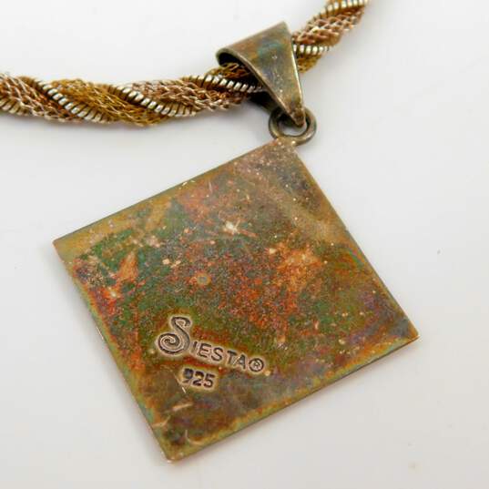Siesta 925 Etched Basket Square Pendant Twisted Mesh & Herringbone Chain Necklace 14g image number 5