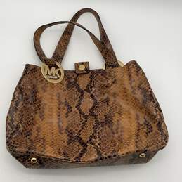 Womens Brown Snakeskin Print Leather Fulton Double Handle Shoulder Bag