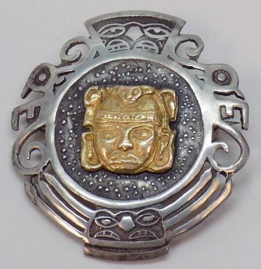 Artisan 925 Sterling Silver & 18k Yellow Gold Peruvian Etched Brooch Pin 10.5g image number 1