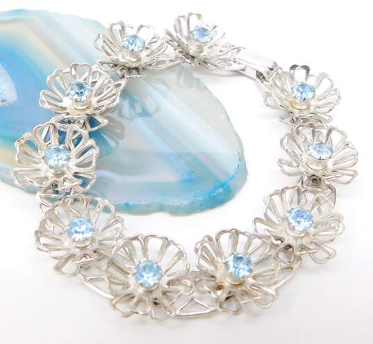 VNTG Coro Silver Tone & Icy Blue Rhinestone Flower Bracelet 15.4g image number 1