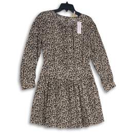 NWT Rebecca Taylor Womens Brown Animal Print Round Neck Peplum Mini Dress Size 4