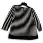 Womens Black White Striped Round Neck 3/4 Sleeve Pullover Blouse Top Sz PM image number 1