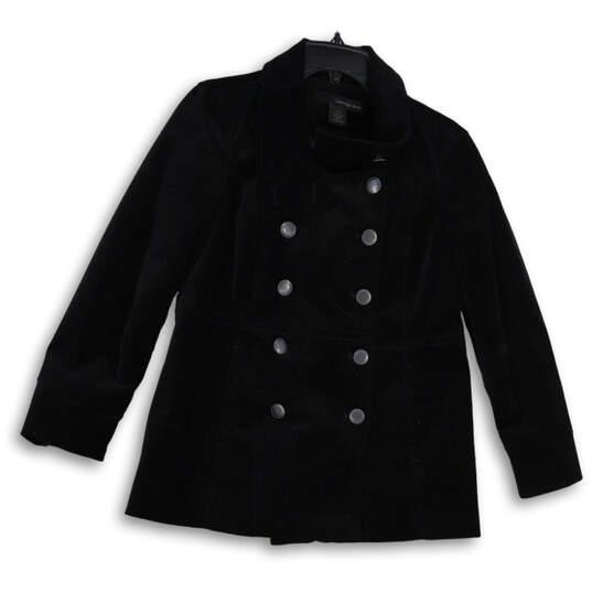 Womens Black Velvet Collared Long Sleeve Double Breasted Peacoat Size Large image number 1