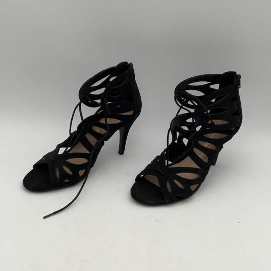 Womens Black Suede Open Toe Tie Up Stiletto Heels Strappy Sandals Size 8.5 image number 3