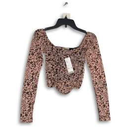 NWT Womens Pink Animal Print Long Sleeve Scoop Neck Cropped Blouse Top Size S