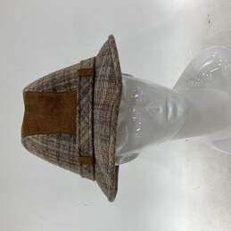 Womens Brown Gray Flower Plaid Round Belted Brim Fedora Hat Size 7 3/8