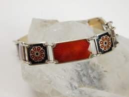 Vintage David Andersen Norway 925 Black & Red Enamel Floral Paneled Bracelet