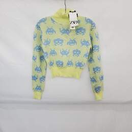 Zara Space Invaders Yellow & Blue Patterned Knit Mock Neck Sweater WM Size S NWT