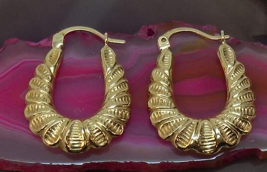 14K Yellow Gold Textured Shrimp Hoop Earrings 2.0g image number 5