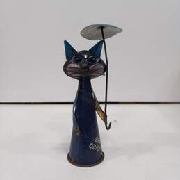 Navy Blue Metal Cat With Umbrella Sculpture