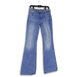 Womens Blue Button Medium Wash Pockets Stretch Denim Bootcut Jeans Size 29