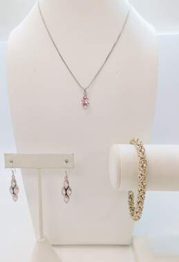 Contemporary 925 Pink Cubic Zirconia Marquise Pendant Necklace Matching Pointed Drop Earrings & Chunky Byzantine Chain Bracelet 28.6g