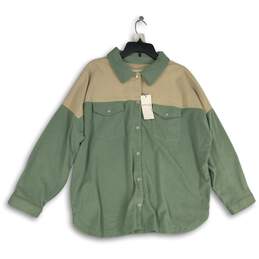 NWT Thread & Supply Womens Green Beige Spread Collar Button-Up Shirt Size L