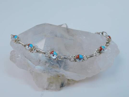 Zuni Artisan 925 Sterling Silver Turquoise Mother of Pearl & Coral Sunface Bracelet 5.5g image number 1