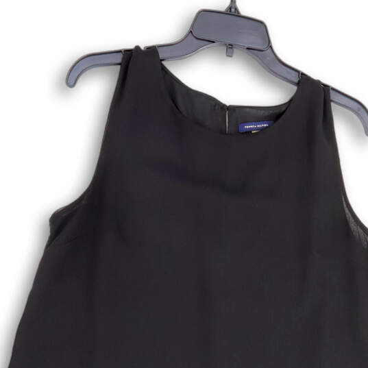 Womens Black Pleated Hem Round Neck Sleeveless Back Button Mini Dress Sz 14 image number 3