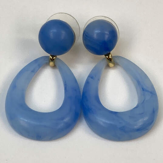 Designer J. Crew Silver-Tone Blue Resin Teardrop Push Back Drop Earrings image number 2