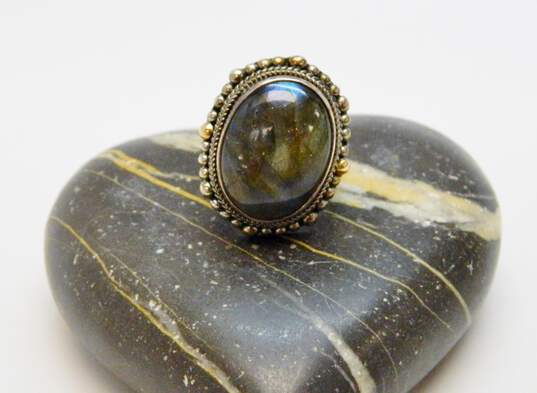 Signed M ID 925 & 18K Gold Accents Labradorite Cabochon Granulated Oval Ring 12.2g image number 1