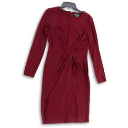 Womens Red Long Sleeve Back Zip Round Neck Knee Length Sheath Dress Size 8