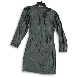 NWT Maje Womens Silver Black Striped Round Neck Long Sleeve Mini Dress Size 38