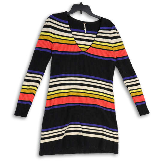 Womens Multicolor Striped V-Neck Long Sleeve Short Sweater Dress Size L image number 1