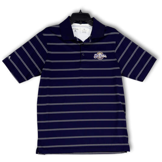 Mens Blue Stripe Spread Collar Short Sleeve Polo Shirt Size Medium image number 1