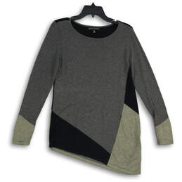 Womens Gray Black Colorblock Long Sleeve Crew Neck Pullover Sweater Sz S/P