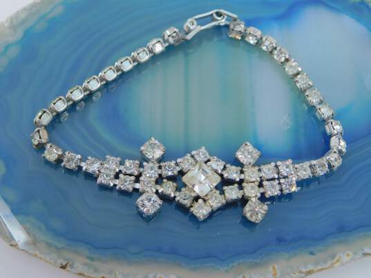 Vintage Icy Clear & Blue Rhinestone Statement Necklaces Brooches & Earrings 98.8g image number 5