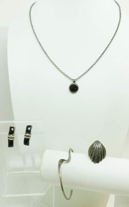 Artisan Sterling Silver Faux Onyx Inlay Pendant Necklace & Earrings Wavy Cuff Bracelet & Chunky Ring 25.5g image number 7