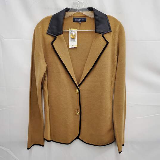NWT Jones New York Camel Color Leather Collar Cardigan Sweater Jacket Size M image number 3