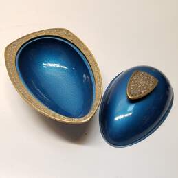 Vintage Judaica Brass Metal Abada Blue Enameled oval Footed Bowl w/ Lid, Made in Israel alternative image