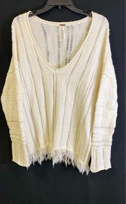 Free People Womens White Knitted Long Sleeve V-Neck Pullover Sweater Size Medium