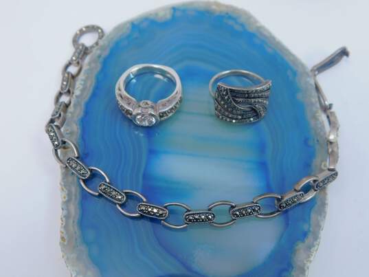 Romantic Sterling Silver Marcasite Link Bracelet Ring & CZ Ring 20.4g image number 1