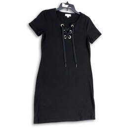 Womens Black Short Sleeve Lace Up Neck Knee Length Shift Dress Size Small alternative image