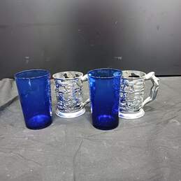 Pair of Japanese Cobalt Blue Glass With Silver Tone Tankard Goblets