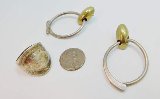 Taxco Mexico & Artisan 925 & Brass Accent Modernist Wrap Hoop Puffed Oval Drop Post Earrings & Chunky Shield Band Ring 23.7g image number 3