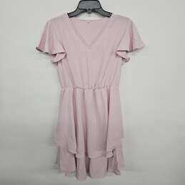 Pink Tiered Short V Neck Dress Flutter Sleeves
