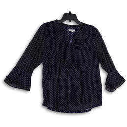 Womens Navy Blue Printed V-Neck Long Bell Sleeve Pullover Blouse Top Size L