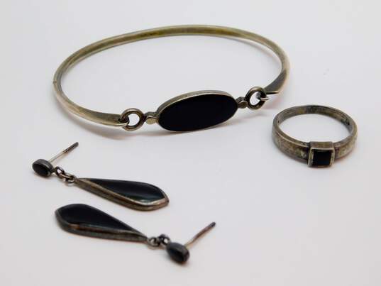 Artisan 925 Modernist Onyx Teardrop Drop Post Earrings Oval Charm Tension Bangle Bracelet & Band Ring 13g image number 1